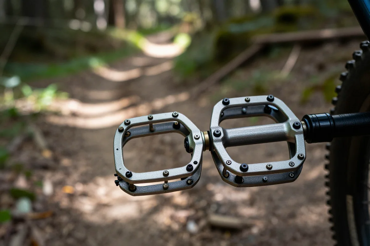 Pedały platformowe MTB na górskim szlaku, oferujące doskonałą przyczepność.