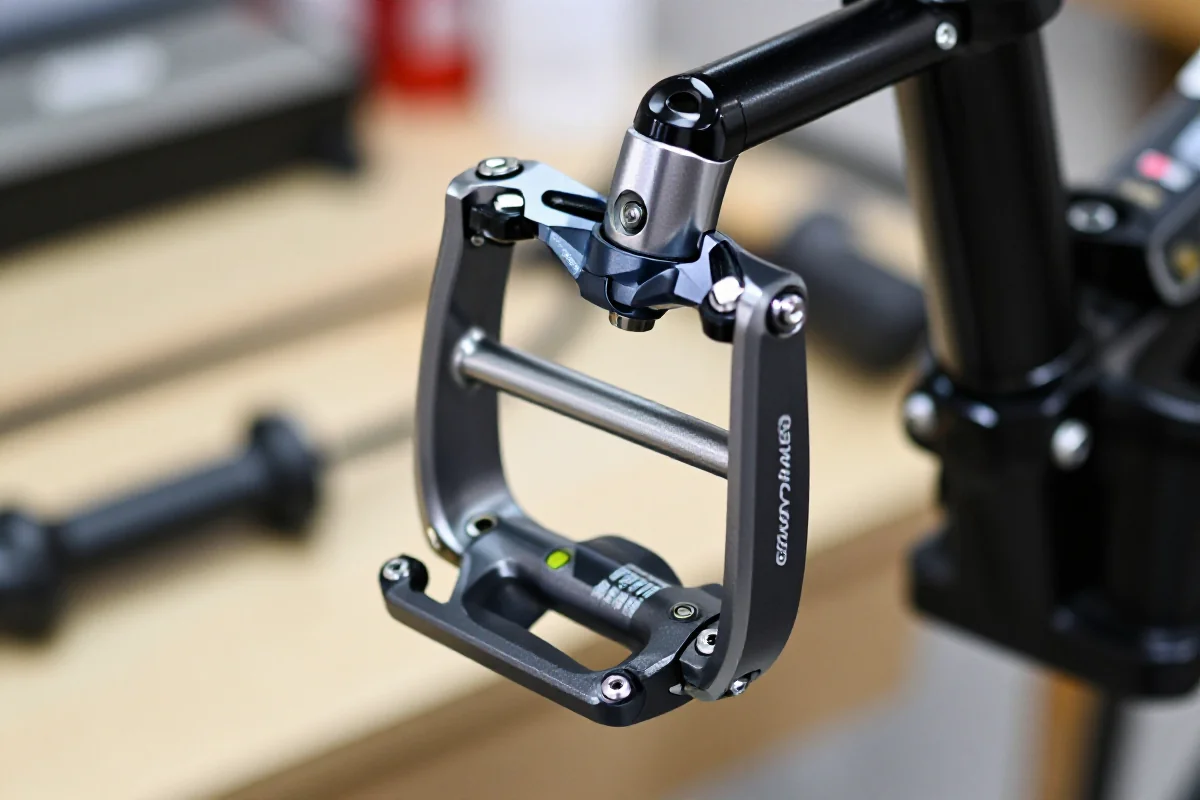 Szczegółowy widok pedału rowerowego z czujnikiem mocy w warsztacie