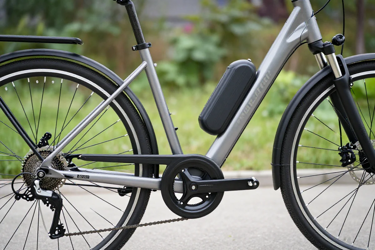 Rower elektryczny typu pedelec z widocznymi komponentami w naturalnym otoczeniu.