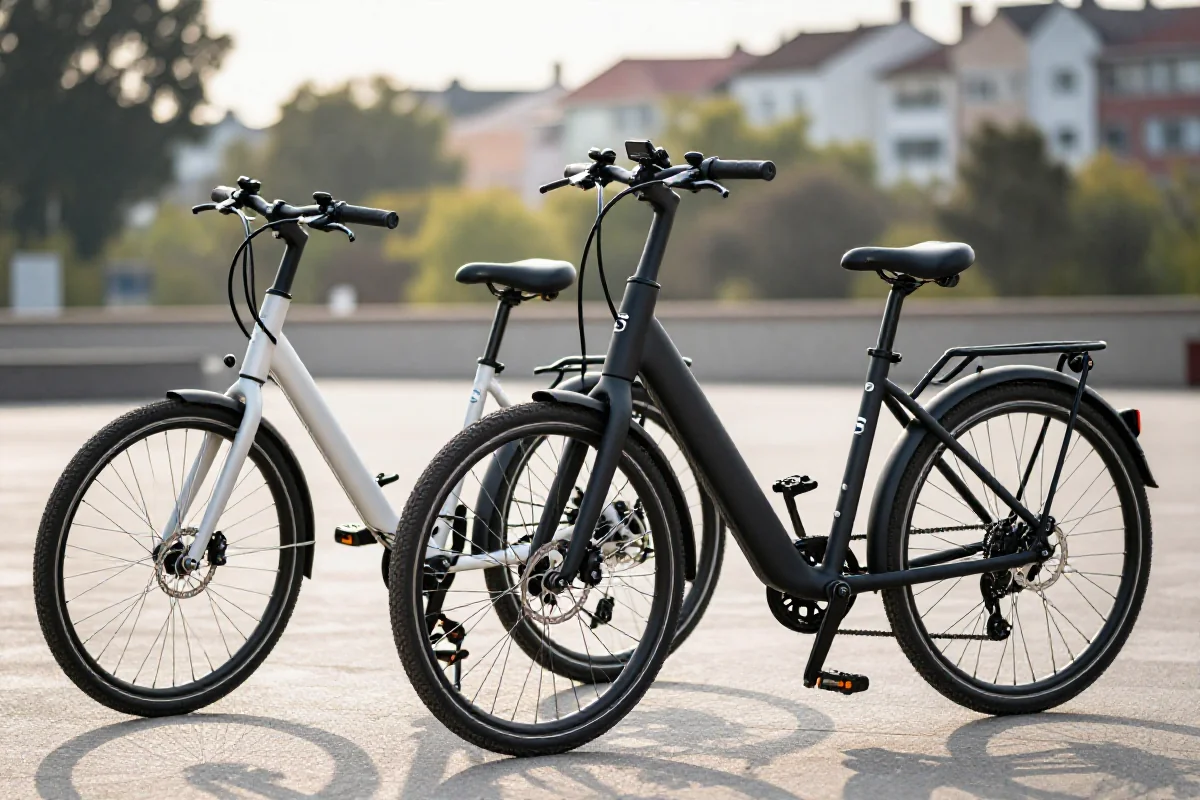 Pedelec i S-pedelec zaparkowane w miejskim otoczeniu, przedstawiające różnice między rowerami elektrycznymi.