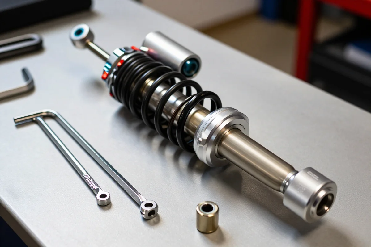 Amortyzator Fox Float X2 na stole warsztatowym z narzędziami do serwisu.