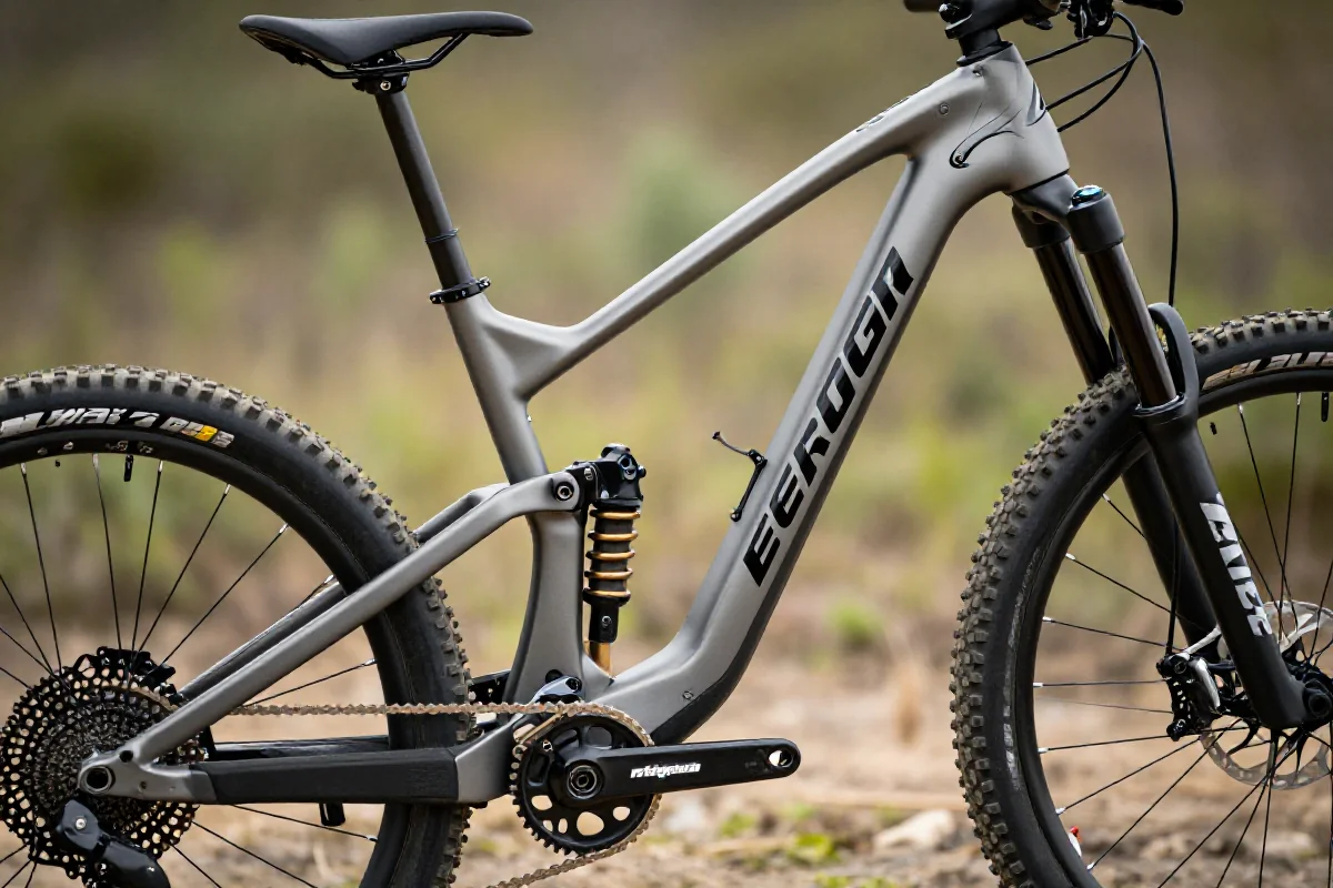 Szczegóły ramy roweru górskiego w naturalnym otoczeniu