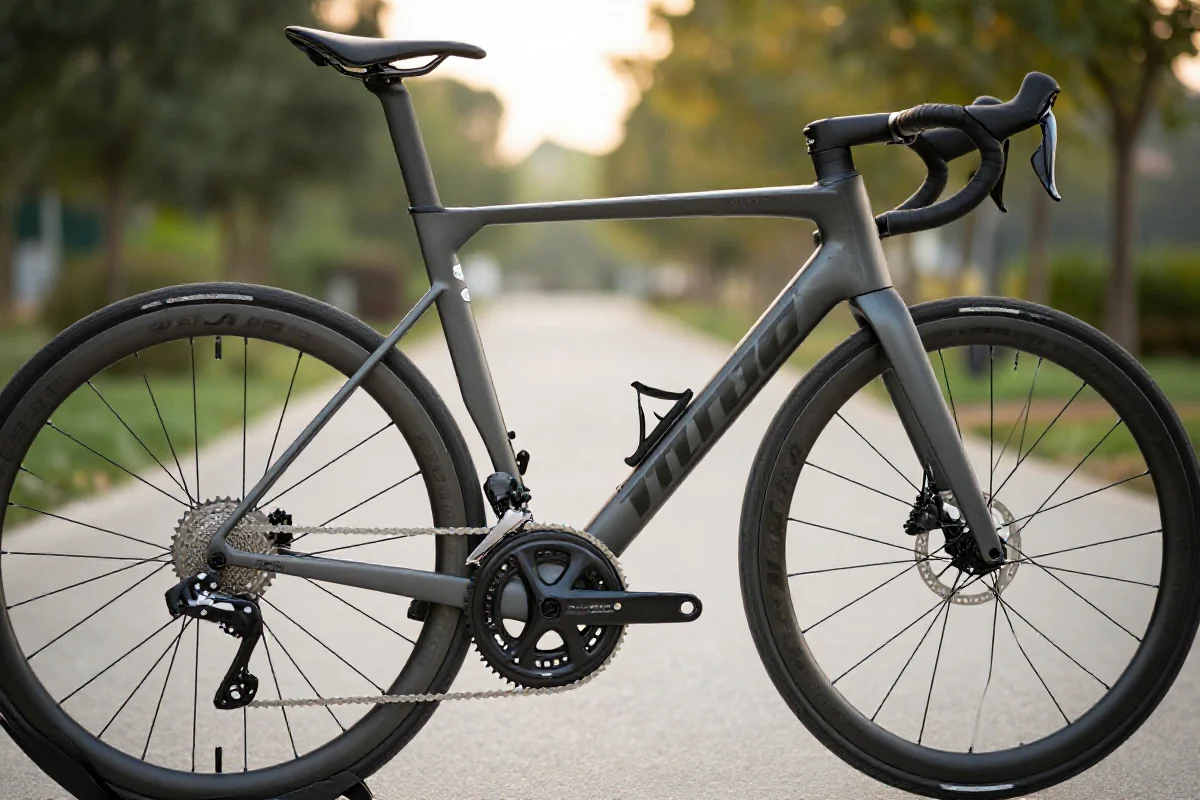 Szczegółowy widok roweru szosowego z precyzyjnymi komponentami na ścieżce rowerowej.