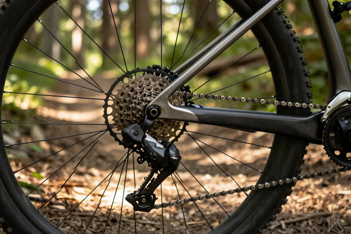Szczegółowy widok systemu przerzutek roweru górskiego na tle leśnej ścieżki