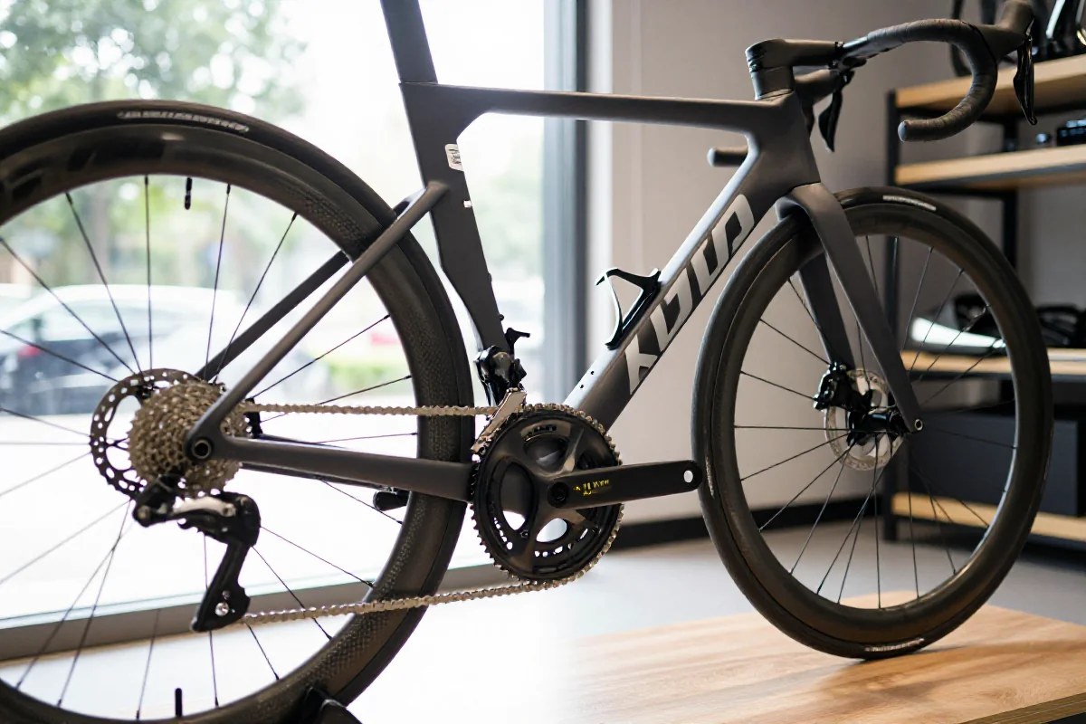 Szczegółowe zdjęcie roweru szosowego w warsztacie, ukazujące komponenty i technologię.