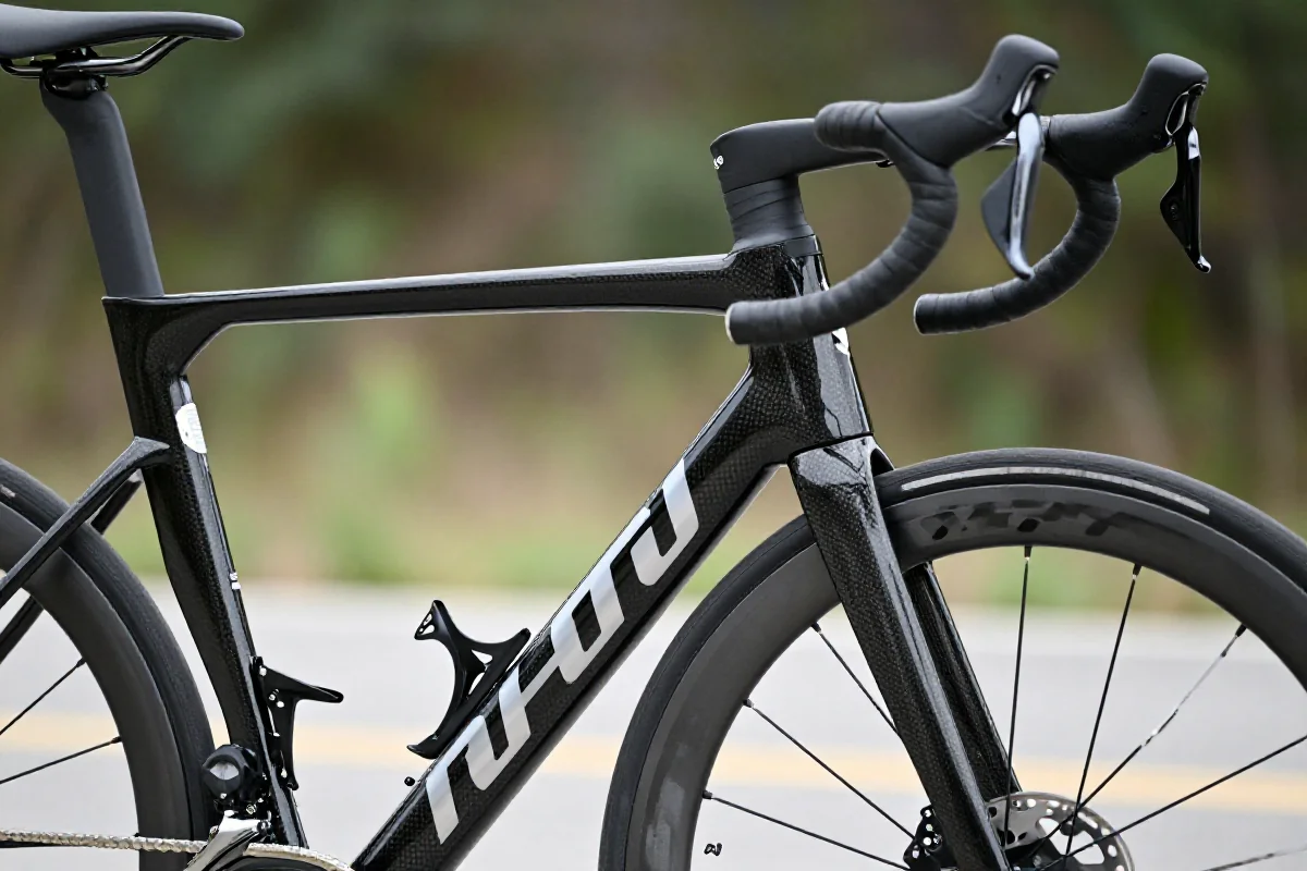 Szczegółowy widok ramy roweru szosowego, podkreślający jego aerodynamiczny design.