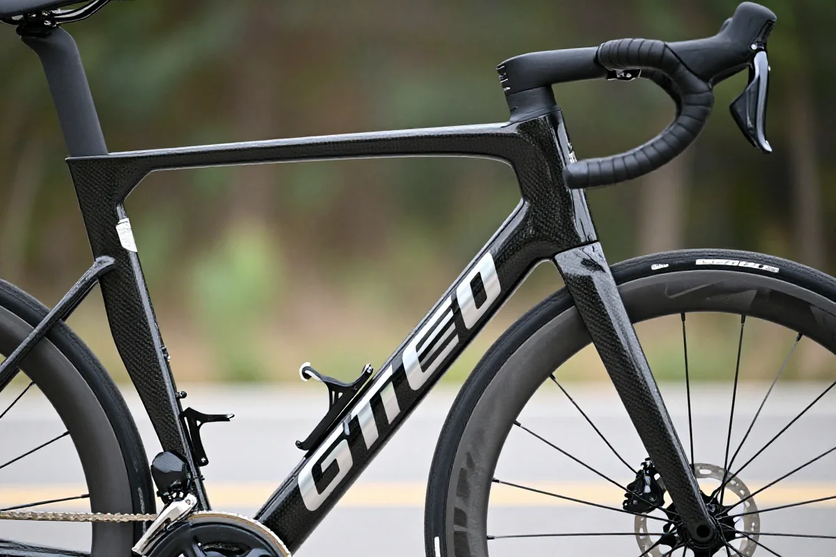 Szczegółowy widok na ramę roweru szosowego z włókna węglowego.