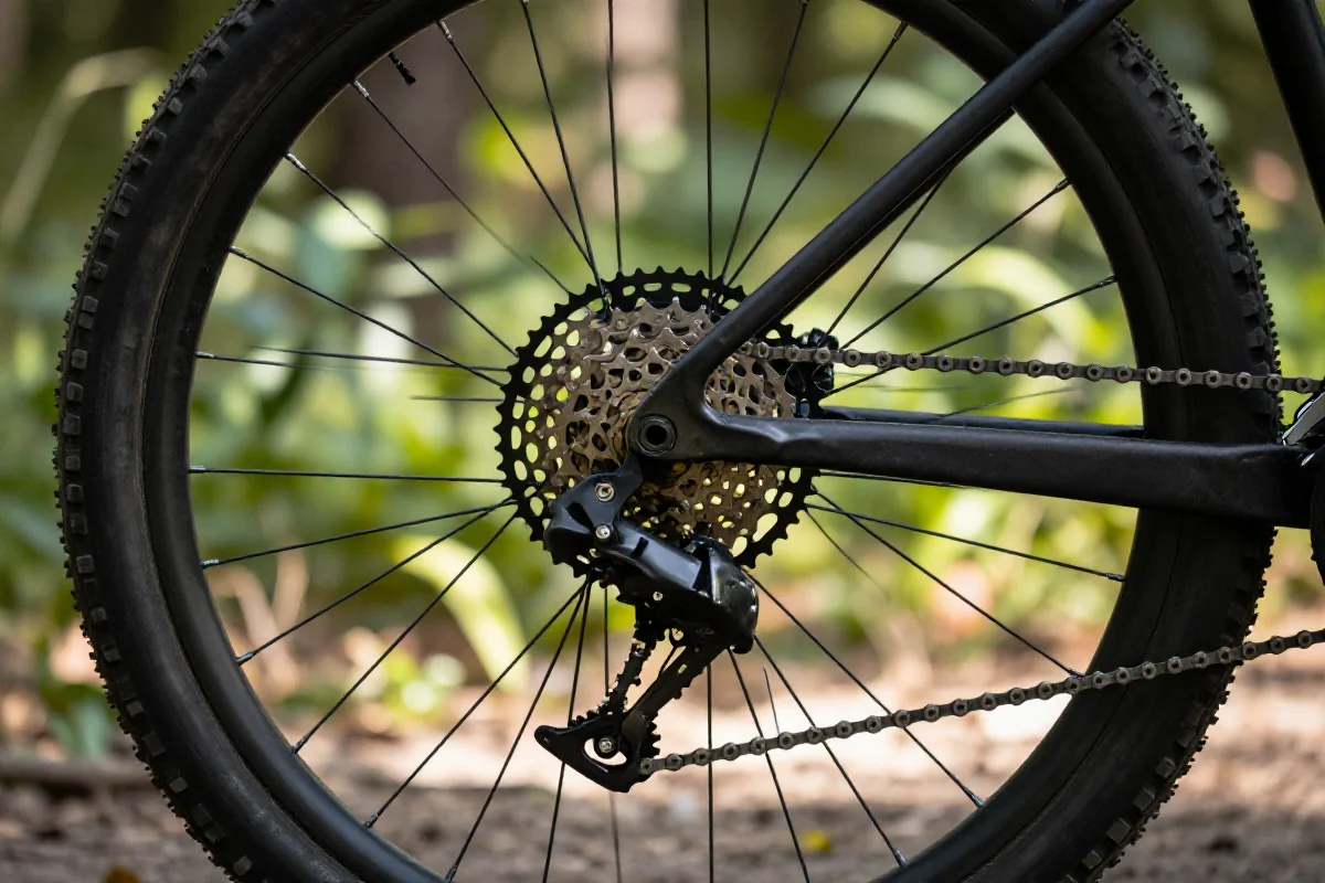 Szczegółowy widok napędu roweru górskiego w naturalnym otoczeniu
