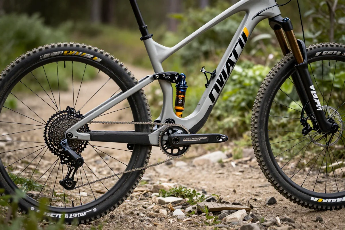 Nowoczesny rower górski na trudnej trasie, podkreślające techniczne detale i zawieszenie.