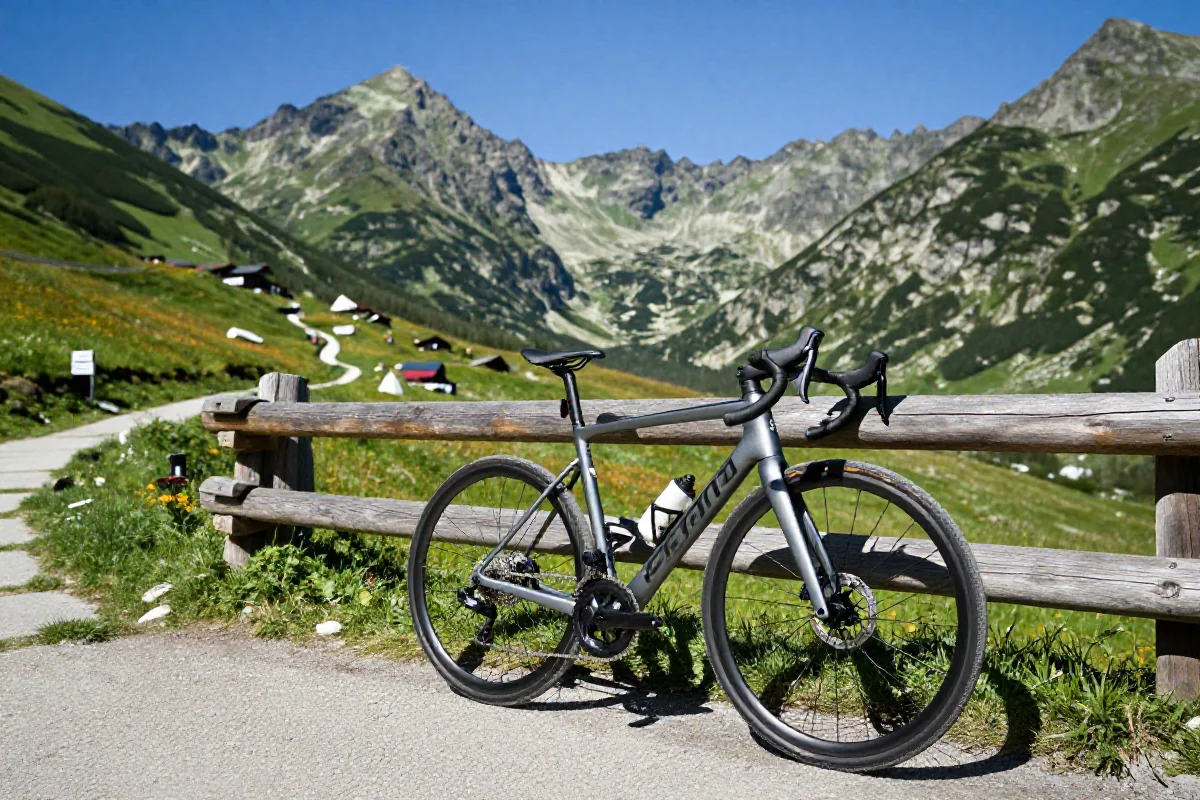 Rower szosowy na szlaku w Podhalu z widokiem na Tatry