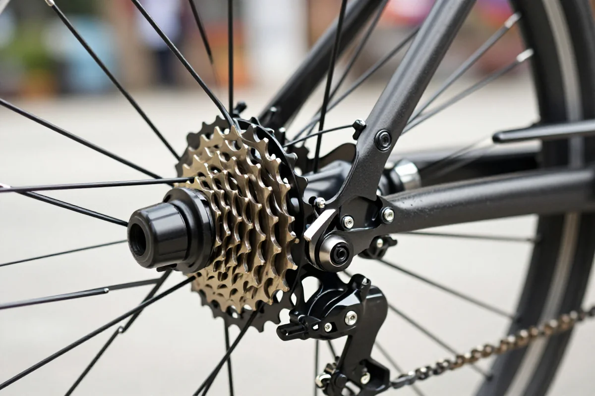 Zbliżenie na piastę planetarną roweru miejskiego z detalami przekładni