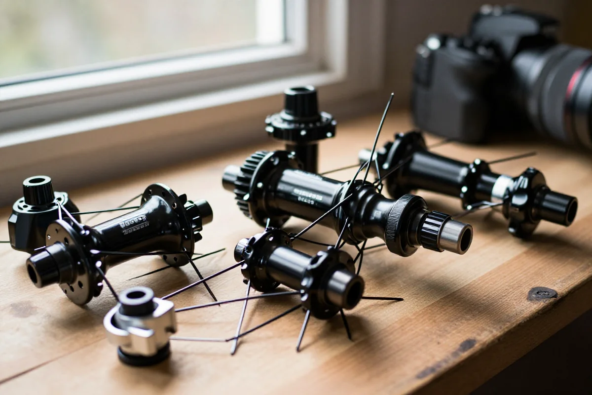 Piasty i szprychy MTB na warsztacie, kluczowe elementy do budowy kół.