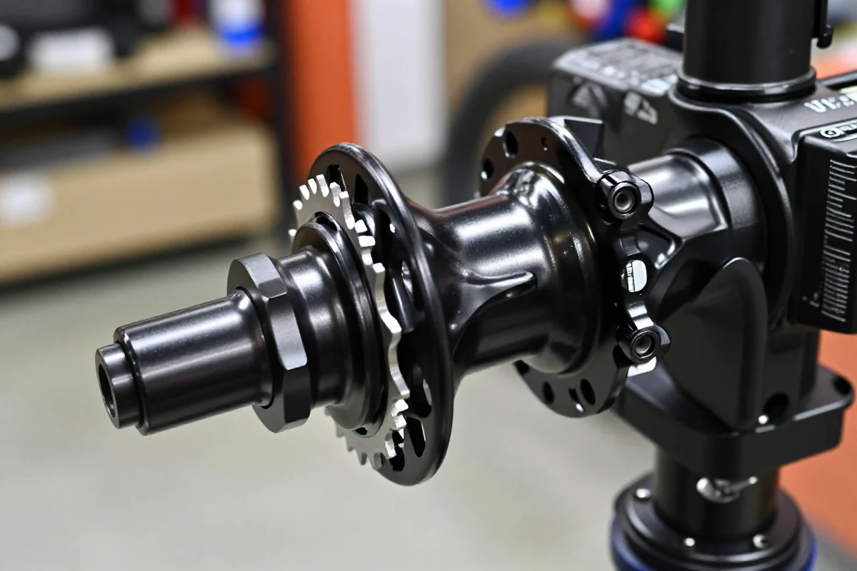 Nowoczesna piasta MTB z widocznym mechanizmem zaangażowania i standardami osi.