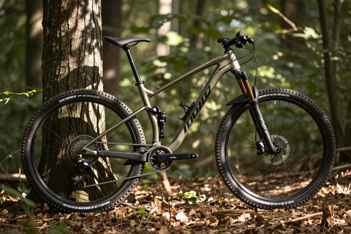 Rower górski w lesie, ukazujący detale sprzętu rowerowego.