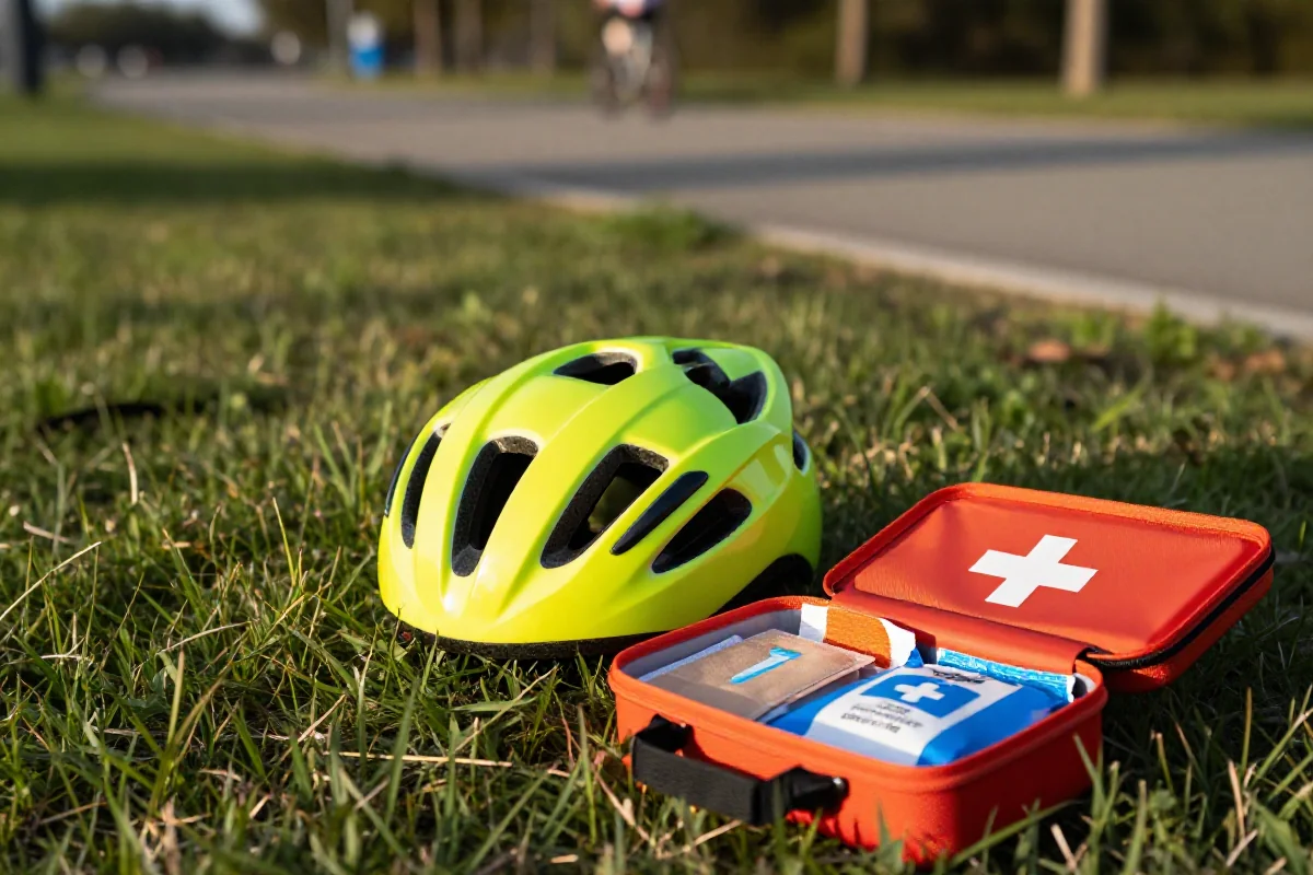 Kask rowerowy i apteczka na trawie obok ścieżki rowerowej.
