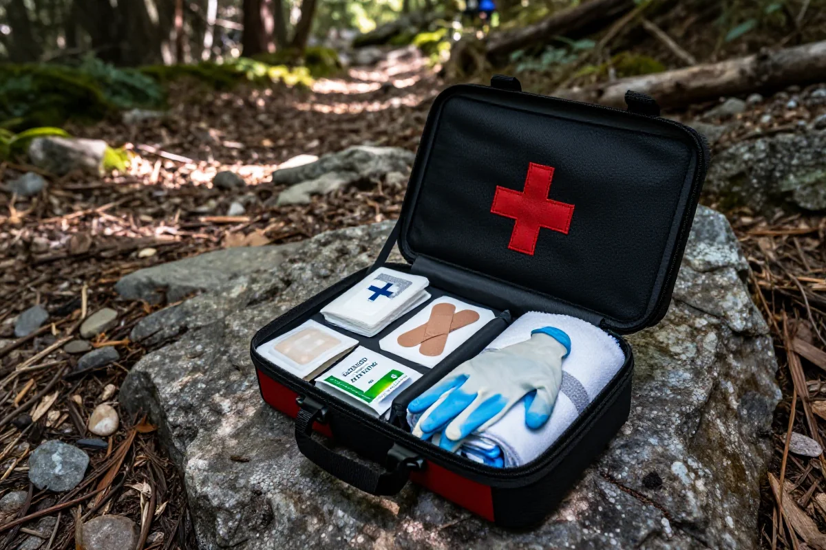 Apteczka pierwszej pomocy na trasie MTB z medycznymi akcesoriami w lesie.