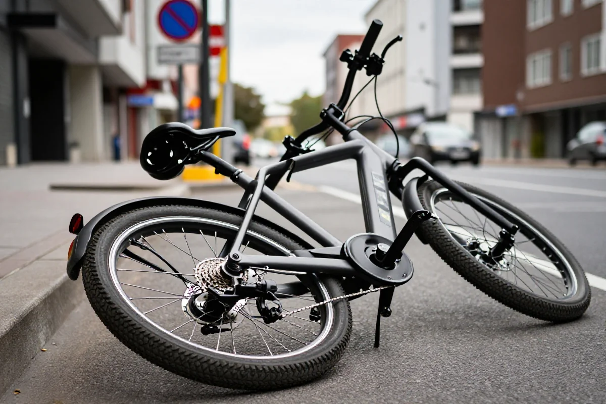 Uszkodzony rower elektryczny na ulicy w miejskiej scenerii.