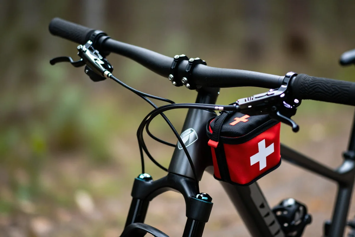 Zbliżenie na kierownicę roweru górskiego z apteczką pierwszej pomocy.