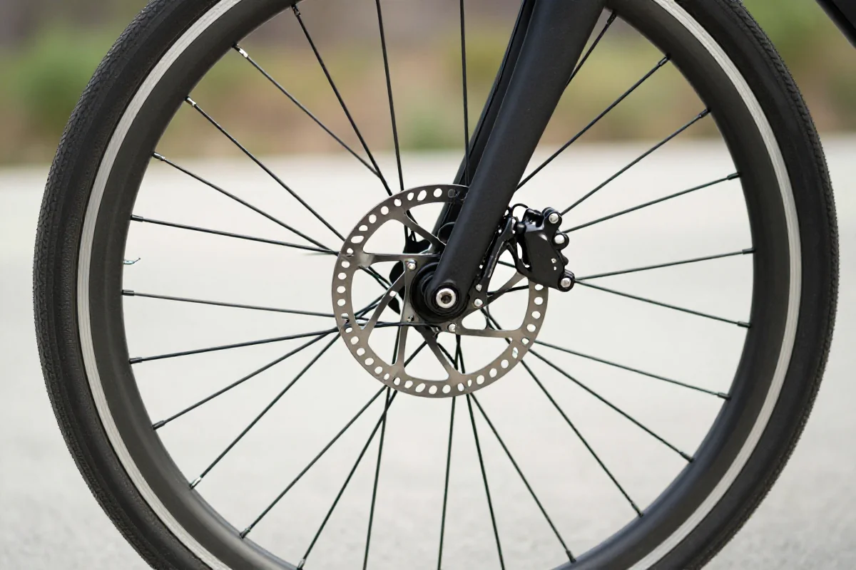 Blisko zdjęcie koła rowerowego z systemem hamulcowym i detalami technicznymi