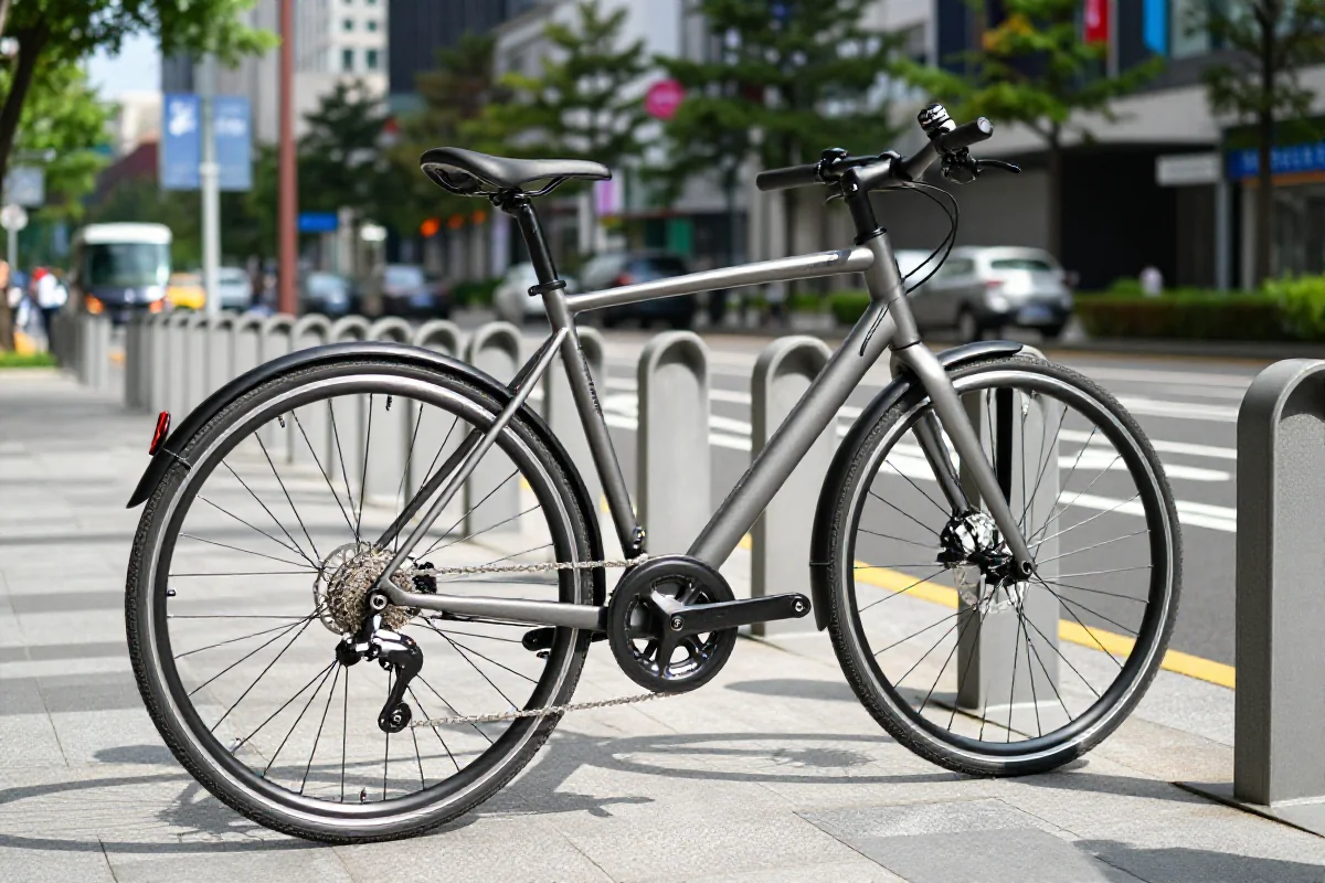 Nowoczesny rower miejski w miejskim otoczeniu, idealny do dojazdów.