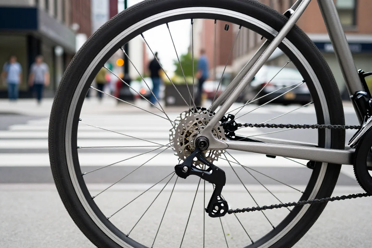 Szczegóły roweru miejskiego z ramą, kołami i hamulcami w miejskim otoczeniu.