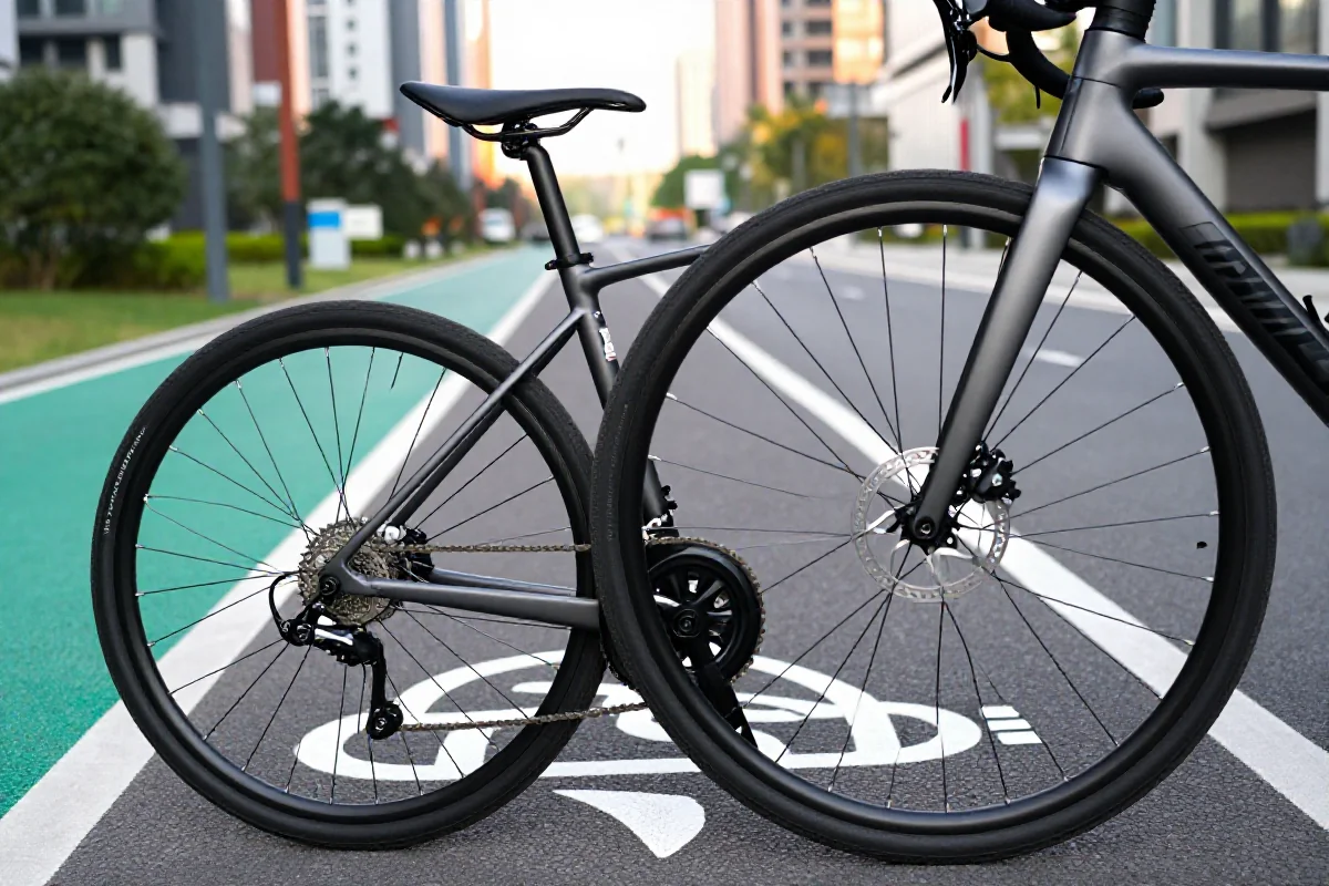 Nowoczesny rower miejski na ścieżce rowerowej w miejskim otoczeniu.