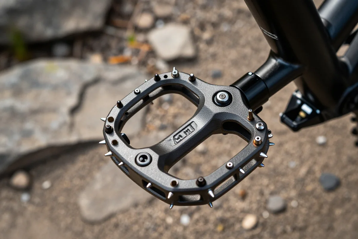 Zbliżenie na pedał platformowy MTB z pinami na szlaku górskim.