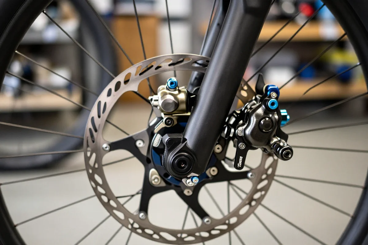 Zbliżenie na system hamulcowy roweru górskiego z zaciskami 2- i 4-tłoczkowymi.