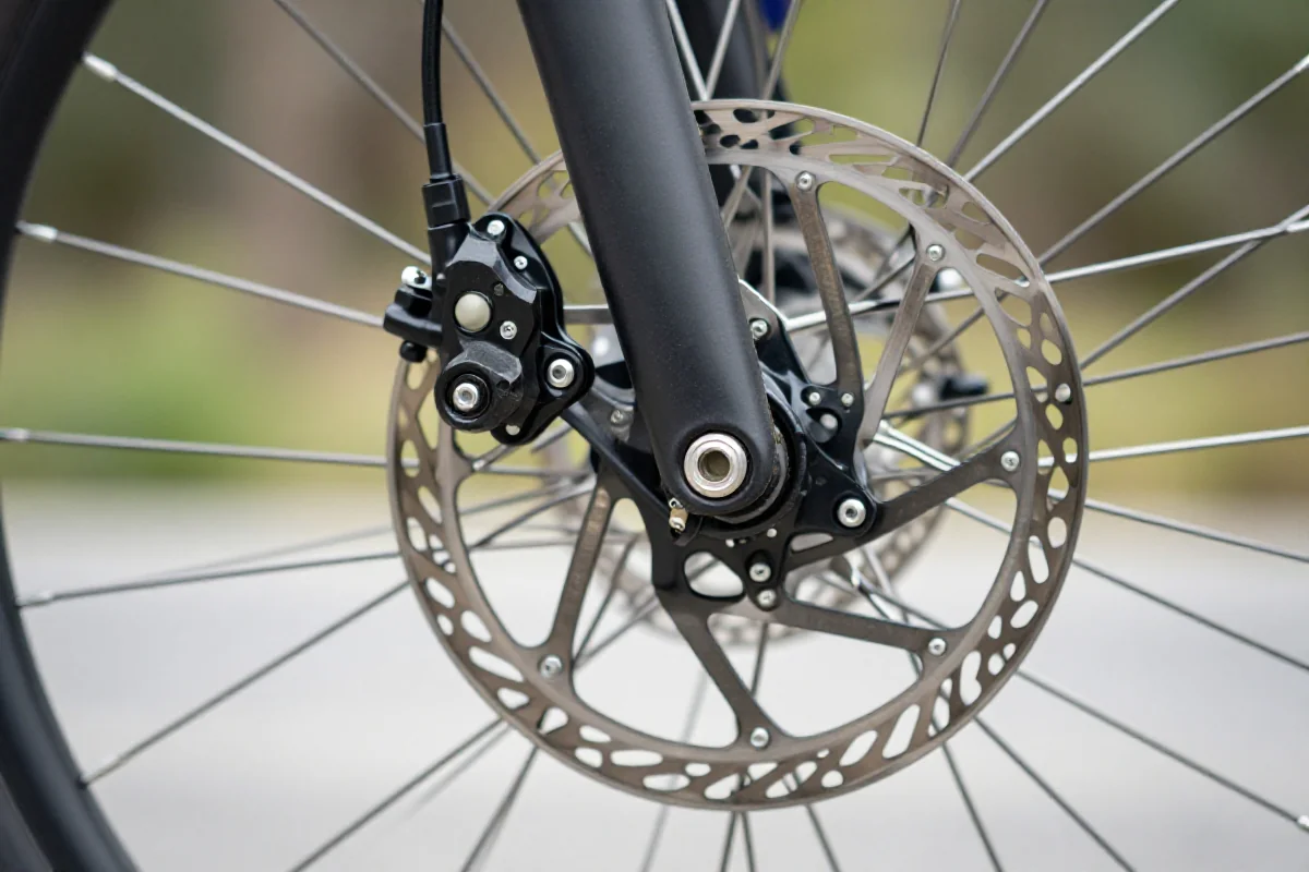 Zbliżenie na hamulce rowerowe, z oznakami zużycia i zabrudzenia.