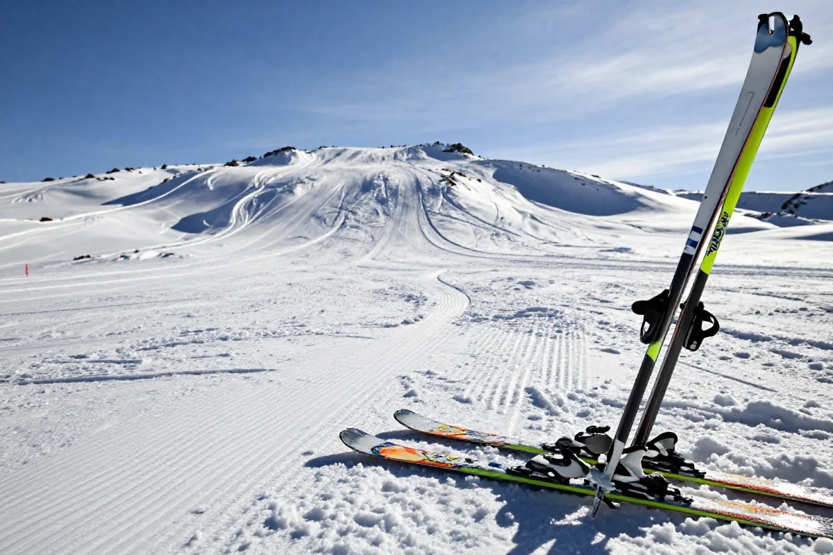 Ski slope dla początkujących z nartami i kijkami na śniegu