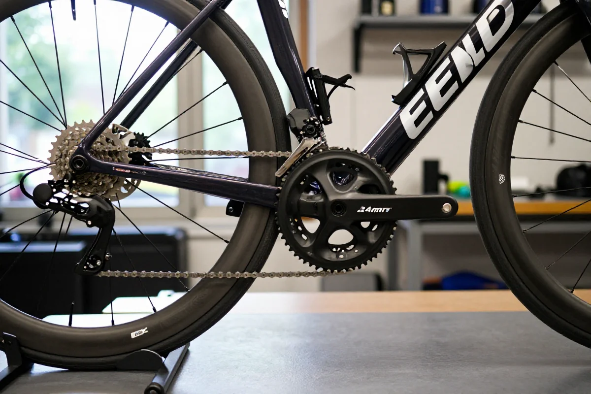 Szczegóły napędu roweru szosowego, kluczowe komponenty do przeglądu.