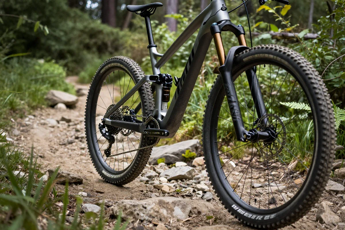 Rower all-mountain na kamienistym szlaku w zielonym otoczeniu.