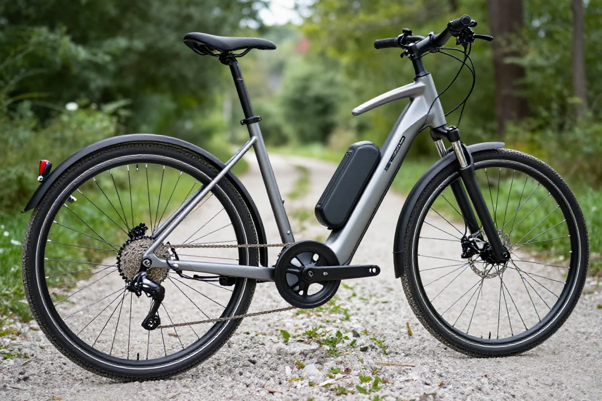 Nowoczesny rower elektryczny na ścieżce, idealny do treningów na e-bike'u.