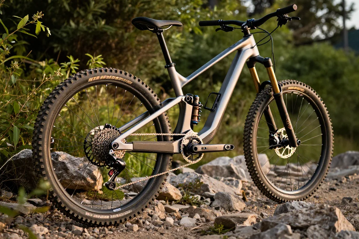 Rower enduro na kamienistej trasie, podkreślający techniczne detale i wytrzymałość.