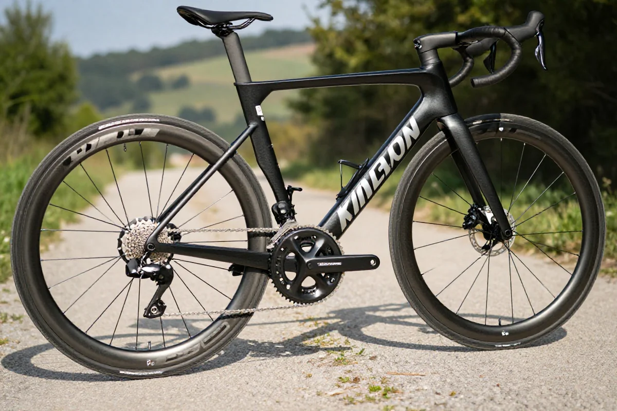 Rower szosowy na malowniczej trasie, skupiający się na detalach komponentów.