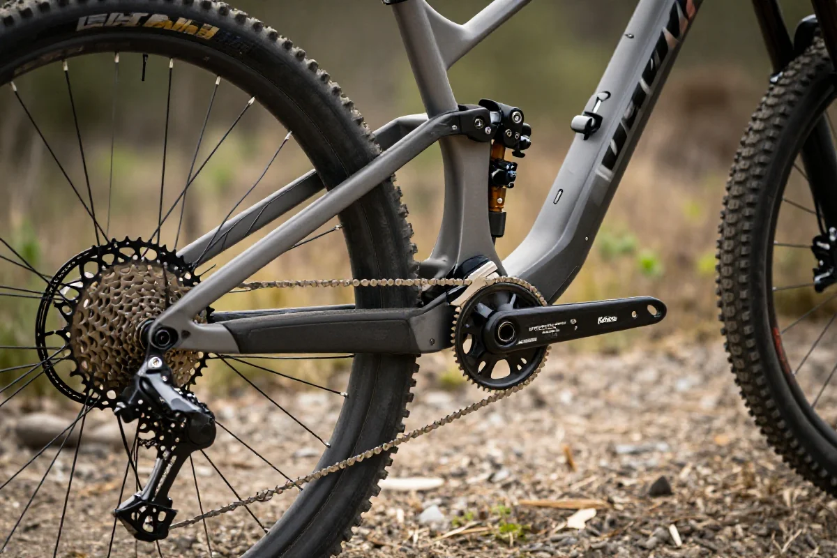 Szczegółowy widok na ramę roweru górskiego i elementy techniczne