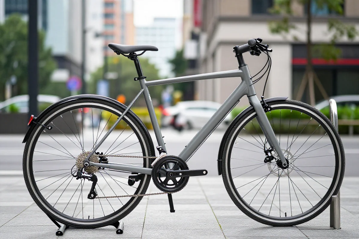 Nowoczesny rower miejski na tle miejskiej architektury, idealny do długich dojazdów.