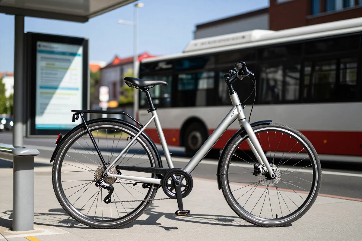 Nowoczesny rower miejski zaparkowany przy przystanku autobusowym w mieście.