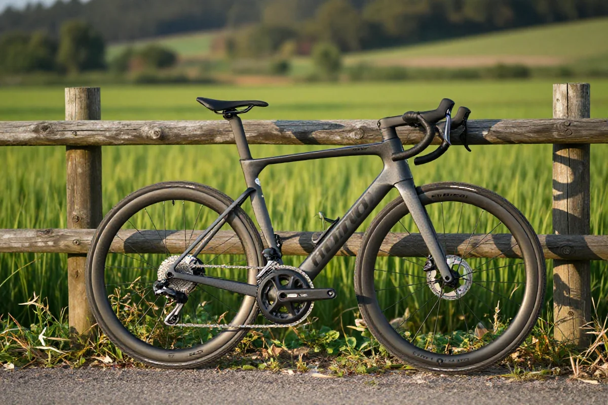 Rower szosowy na tle malowniczej wiejskiej scenerii