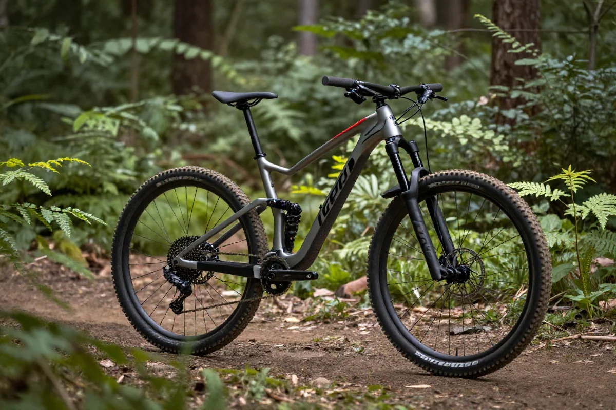 Rower górski na leśnej trasie, idealny do treningu MTB.