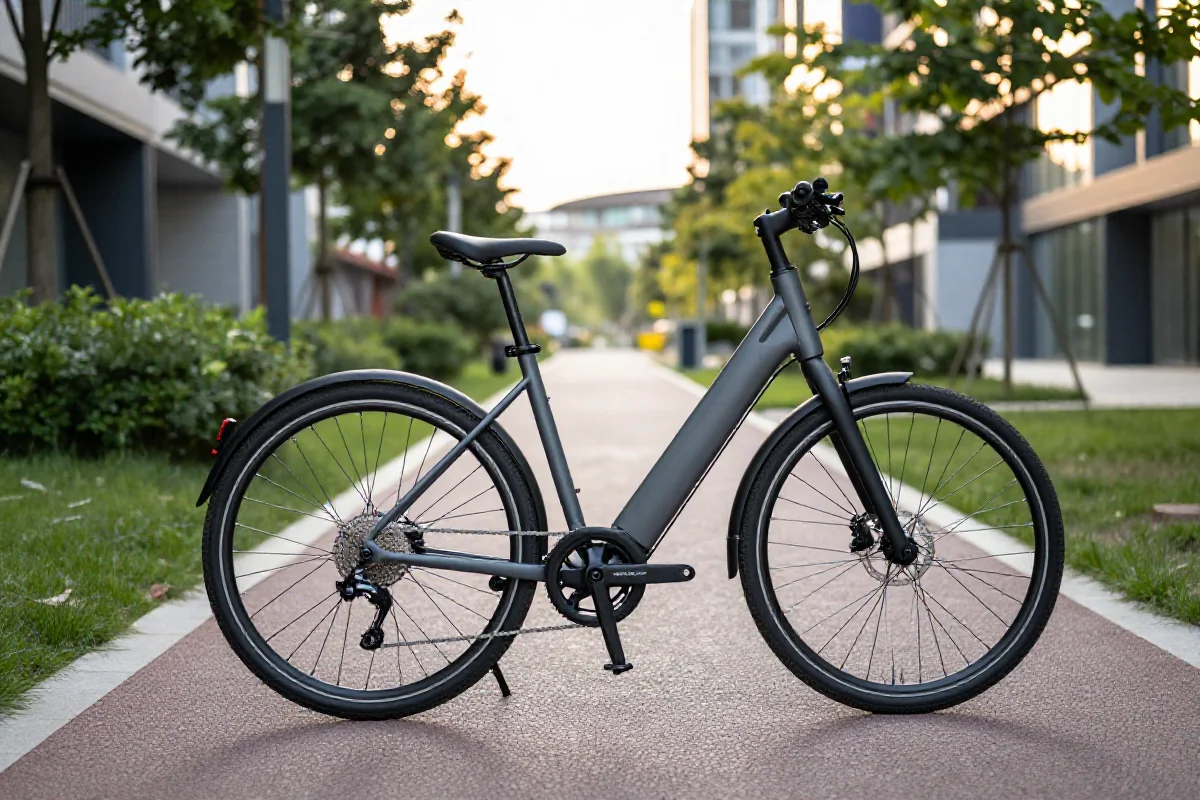 Nowoczesny rower elektryczny na miejskiej ścieżce rowerowej w ciepłym świetle.