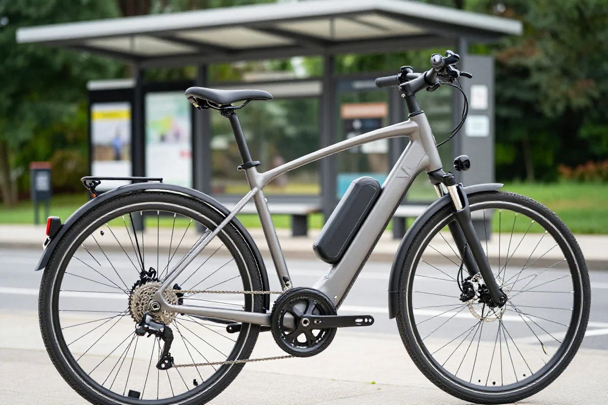 Nowoczesny rower elektryczny przy stacji transportu publicznego, idealny do podróży multimodalnych.