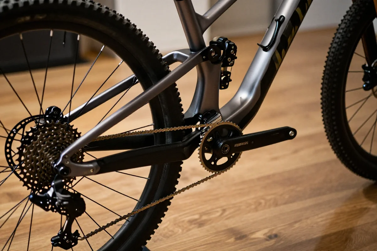 Rower górski na stole, ukazujący detale mechaniczne i komponenty.