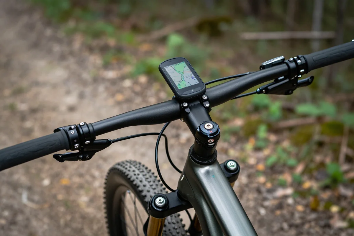 Szczegóły roweru górskiego z narzędziami nawigacyjnymi na trasie MTB