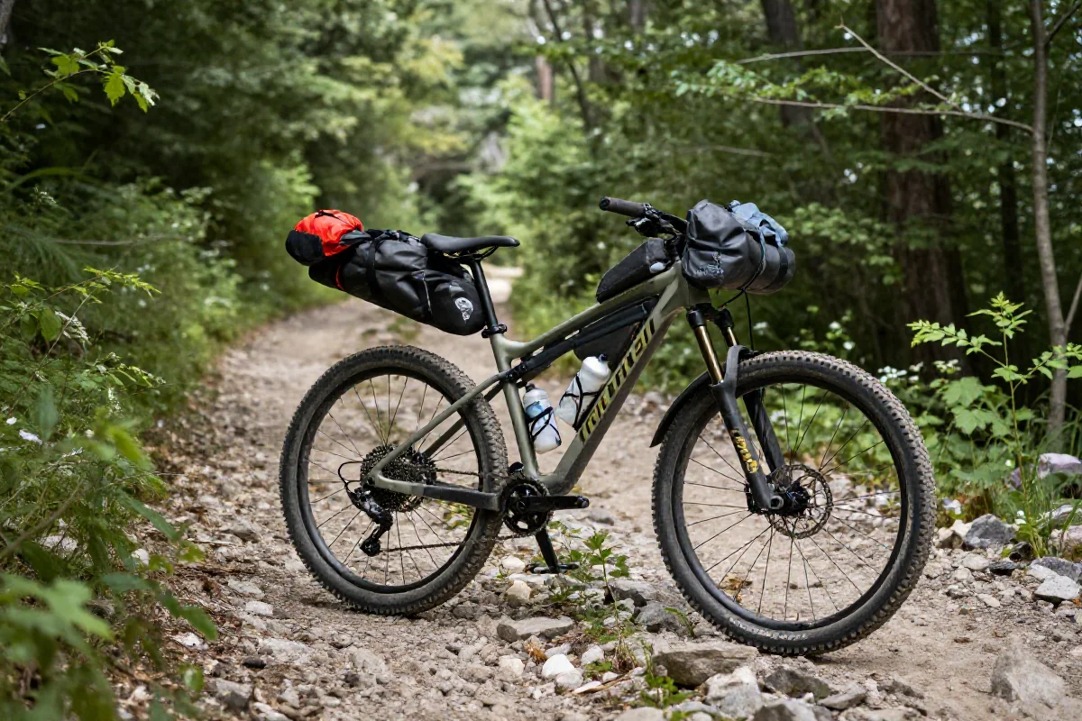 Rower górski z ekwipunkiem do bikepackingu na leśnym szlaku
