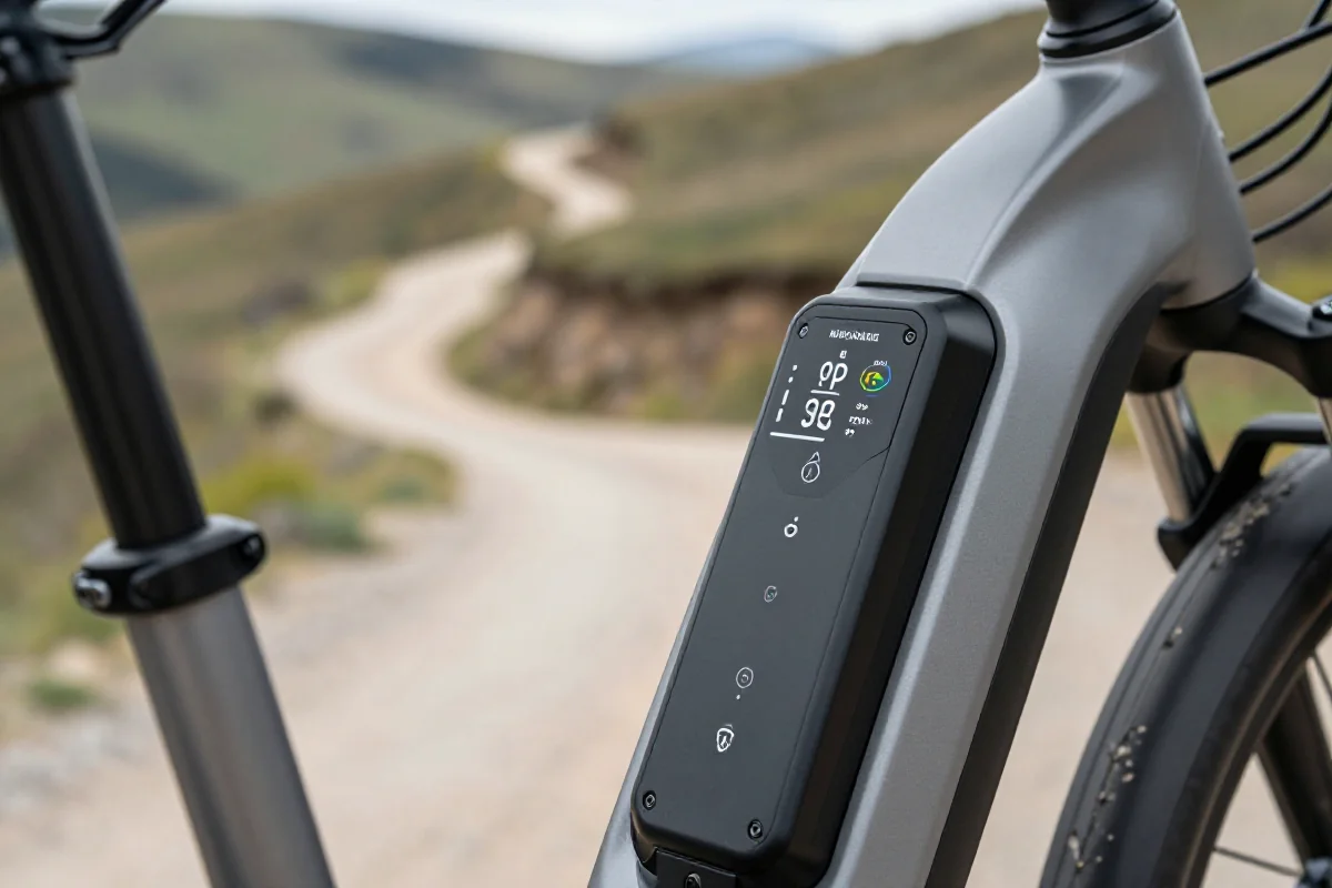 Zbliżenie na baterię roweru elektrycznego w terenie górzystym.