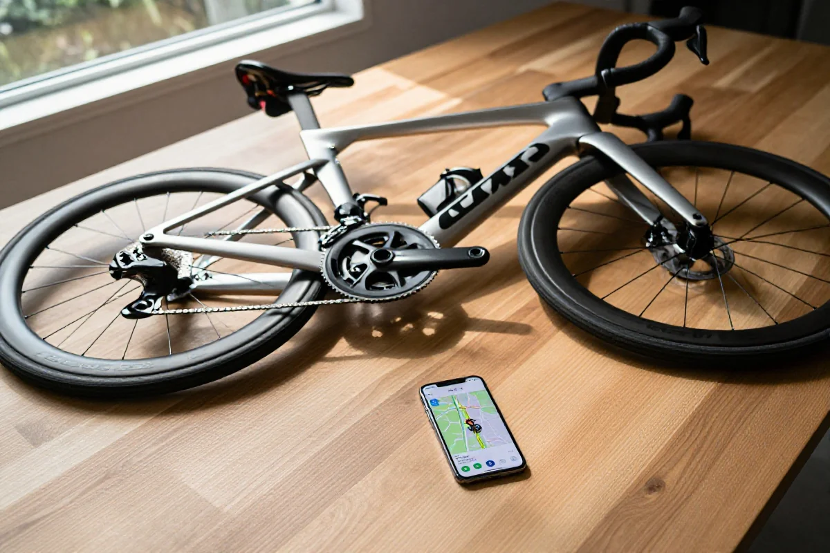 Rower szosowy z aplikacją do planowania tras na smartfonie w naturalnym świetle.