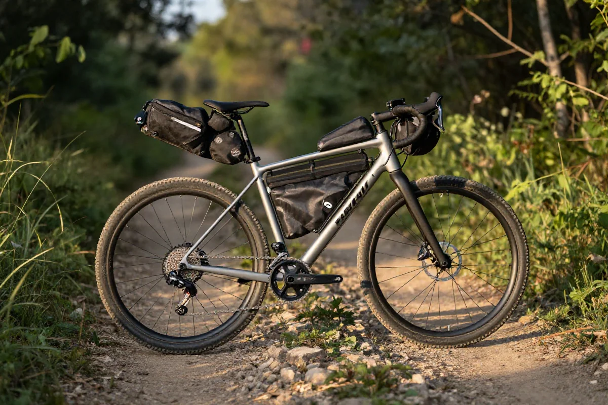 Rower do bikepackingu na szlaku w otoczeniu zieleni