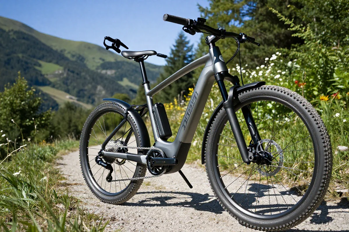 Nowoczesny e-bike na trasie górskiej, idealny do wypraw rowerowych.