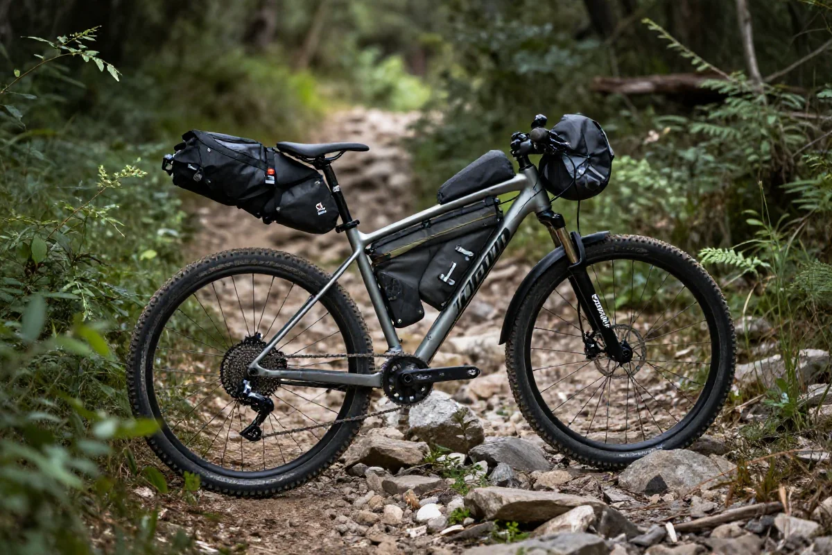 Rower górski z torbami bikepackingowymi na szlaku w naturalnym otoczeniu.